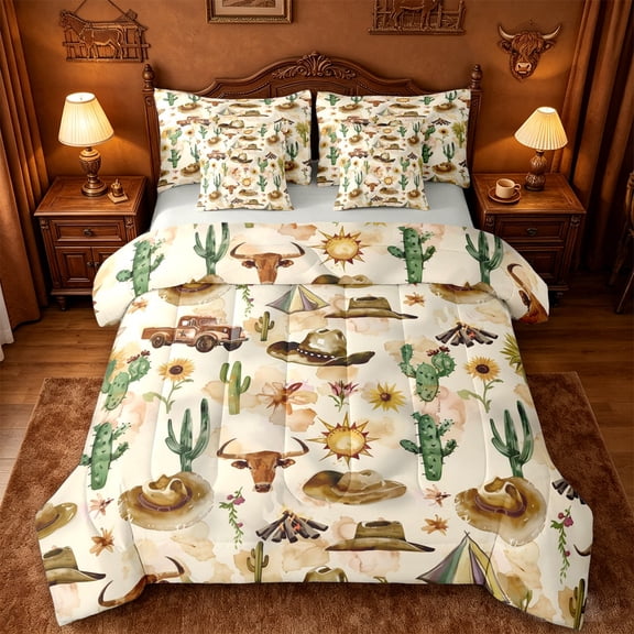 jejeloiu Western Cowboy Theme Camping 7-Piece Twin Bedding Sets Kids,Desert Botanical Cactus Bedding Comforter Set,Reversible