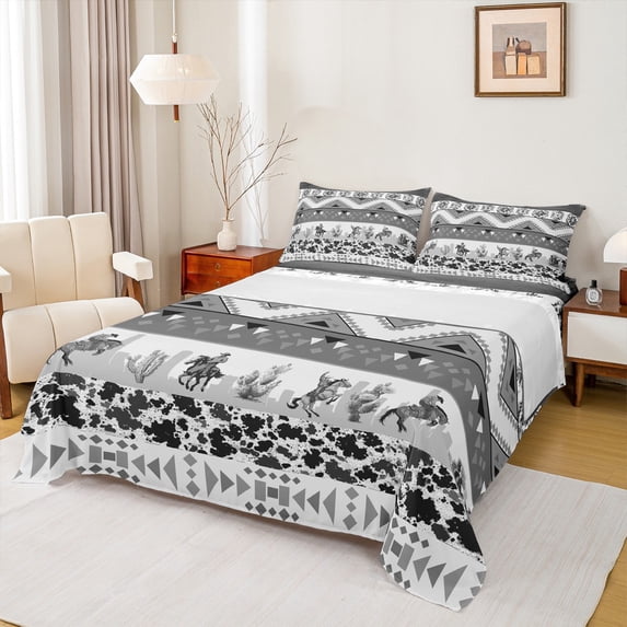jejeloiu Western Cowboy Tribal Queen Sheet Sets,Rustic Farmhouse Cabin Flat Sheet,Vintage Geometric Triangle Pattern Queen Fitted Sheet For Boys Teens,Luxury Bedroom Decor,4-Piece