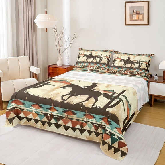 jejeloiu Western Cowboy Tribal Twin Sheet Sets,Retro Geometric Triangle Bedding For Boys Girls 3pcs