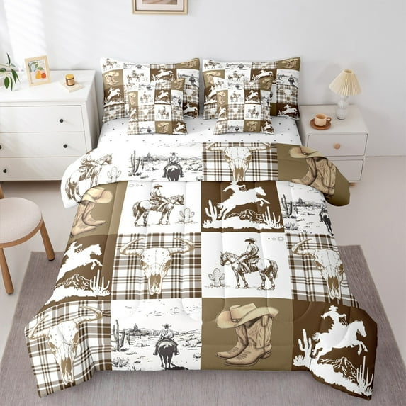jejeloiu Western Cowboys Twin Bedding Sets 7-Piece,Farm Bull Skull Bedding Comforter Set,Rustic Farmhouse Cabin Sheet Sets For Boys Kids,Luxury Bedroom Decor Reversible