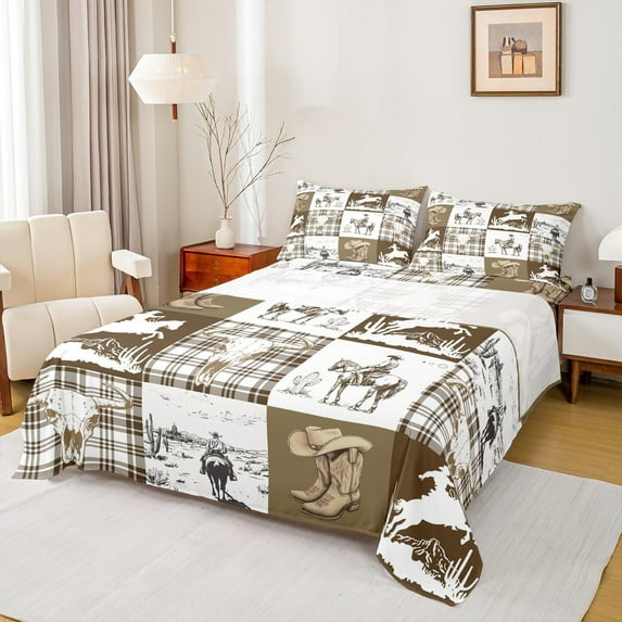 jejeloiu Western Cowboys Twin Sheet Sets,Farm Bull Skull Twin Fitted Sheet,Rustic Farmhouse Cabin Flat Sheet For Boys Kids,Luxury Bedroom Decor,3pcs