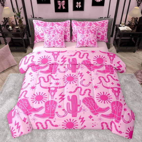 jejeloiu Western Cowgirl Boots 7pcs Bedding Comforter Set,Retro Bull Skull Queen Bedding Sets,Cactus Snake Pattern Queen Sheet Sets For Girls Kids,Microfiber Bedroom Decor Reversible