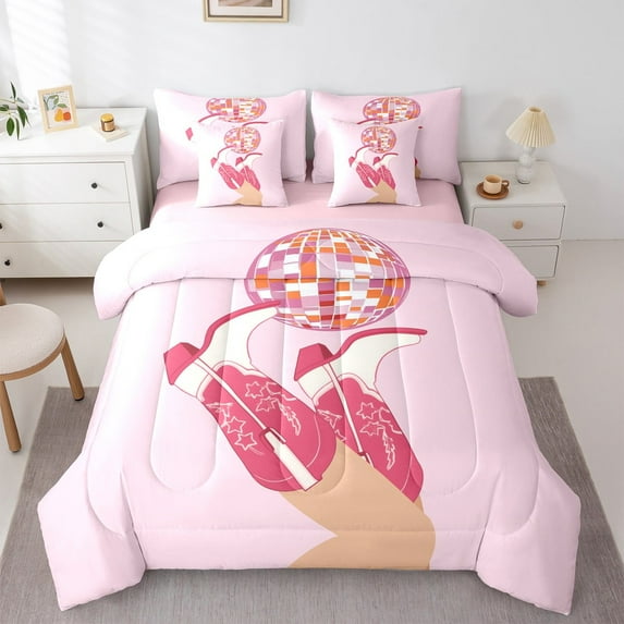 jejeloiu Western Cowgirl Boots Bedding Comforter Set 7 Pieces,Pink Disco Ball Full Bedding Set,Farm Life Fitted Sheet Flat Sheet For Girl Boys,Ultra Soft Home Decor Reversible