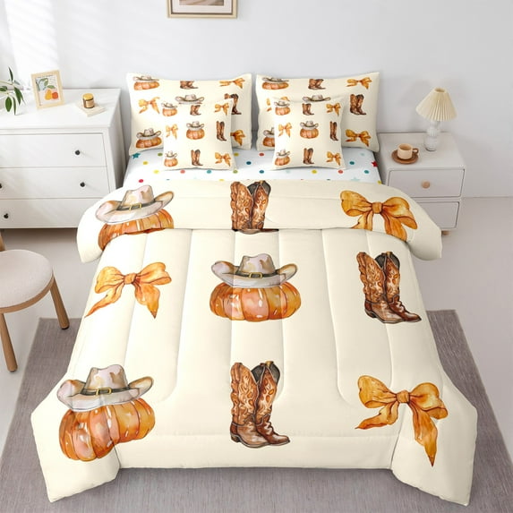 jejeloiu Western Cowgirl Boots Bedding Comforter Set 7pcs,Hello Fall Pumpkin Queen Bedding Sets,Orange Bow Knot Queen Sheet Sets For Teens,Luxury Bedroom Decor Reversible