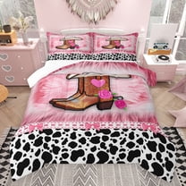 jejeloiu Western Cowgirl Boots Bedding Comforter Set,Pink Rose Flower Twin Comforter Sets,Cattle Cow Pattern Bedding Set For Girls Kids,Luxury Bedroom Decor,2pcs