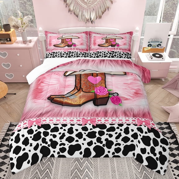 jejeloiu Western Cowgirl Boots Bedding Comforter Set,Pink Rose Flower Twin Comforter Sets,Cattle Cow Pattern Bedding Set For Girls Kids,Luxury Bedroom Decor,2pcs