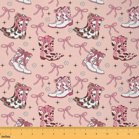 jejeloiu Western Cowgirl Boots Fabric by the Yard 1 Yard,Kawaii Bow Knot Home Decor Fabric by the Yard,Cartoon Floral Daisy Sewing Fabric For Girls Boys,Super Cozy Room Decor
