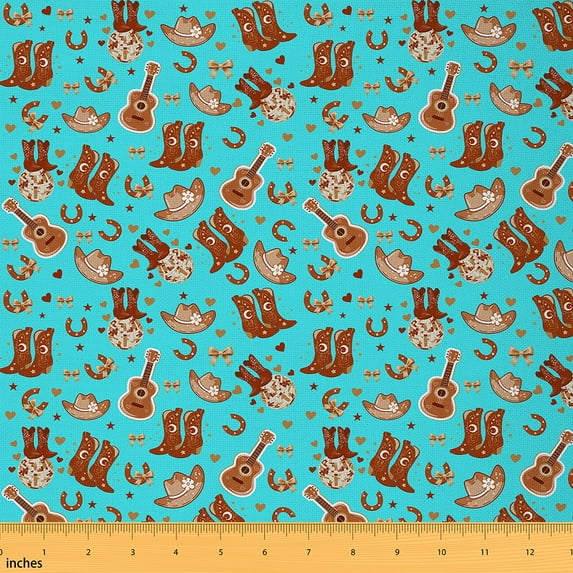 jejeloiu Western Cowgirl Boots Fabric by the Yard 2 Yards,Guitar Bow Stars Room Decor Fabric by the Yard,Vintage Farm Horseshoe Fabric for Sewing For Girls Boys,Super Cozy Room Decor