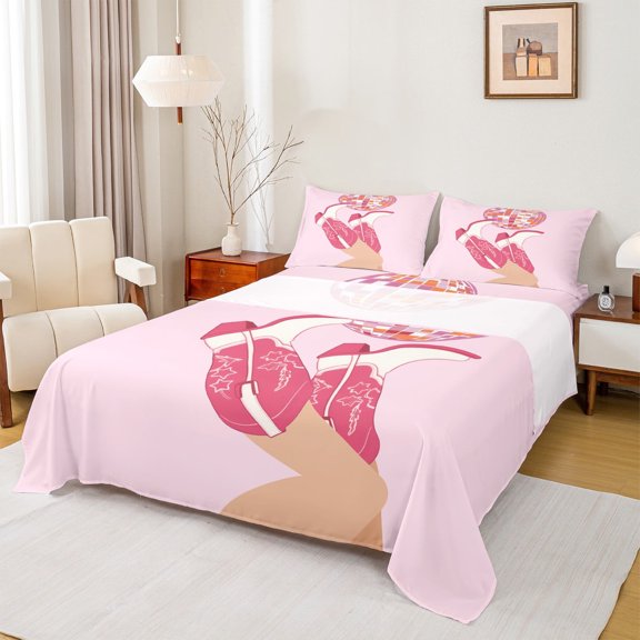 jejeloiu Western Cowgirl Boots Queen Sheet Set,Pink Disco Ball Farm Life,Ultra Soft Decor For Kids,4-Piece