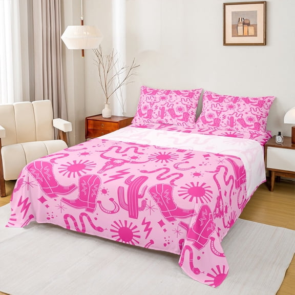 jejeloiu Western Cowgirl Boots Queen Sheet Sets,Retro Bull Skull Flat Sheet,Cactus Snake Pattern Queen Fitted Sheet For Girls Kids,Microfiber Bedroom Decor,4pcs