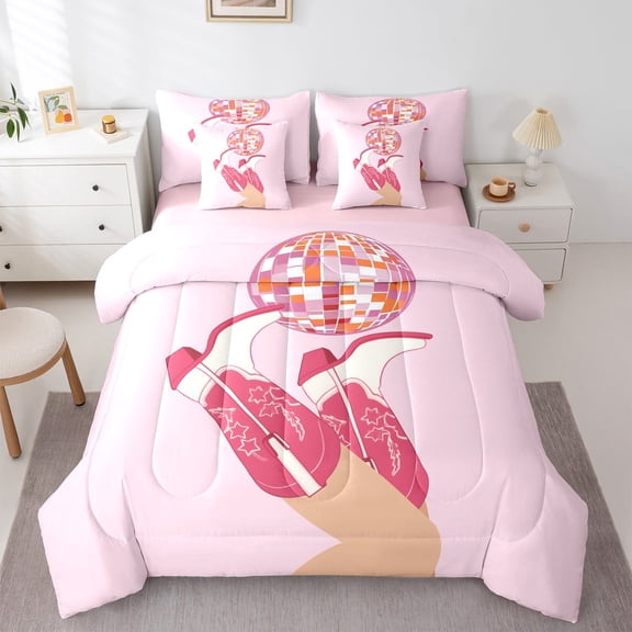 jejeloiu Western Cowgirl Boots Twin Bedding Sets 7-Piece,Pink Disco Ball Bedding Comforter Set,Farm Life Sheet Sets For Girl Boys,Ultra Soft Home Decor Reversible