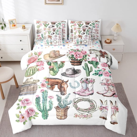 jejeloiu Western Cowgirl Boots Twin Bedding Sets 7-Piece,Ruatic Flower Cactus Bedding Comforter Set,Farm Horse Horseshoe Sheet Sets For Child,Luxury Bedroom Decor Reversible