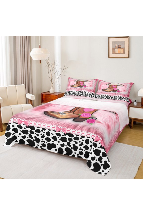Western Cowgirl Boots Twin Sheet Sets,Pink Rose Flower Twin Fitted Sheet,Cattle Cow Pattern Flat Sheet For Girls Kids,Luxury Bedroom Decor,3pcs