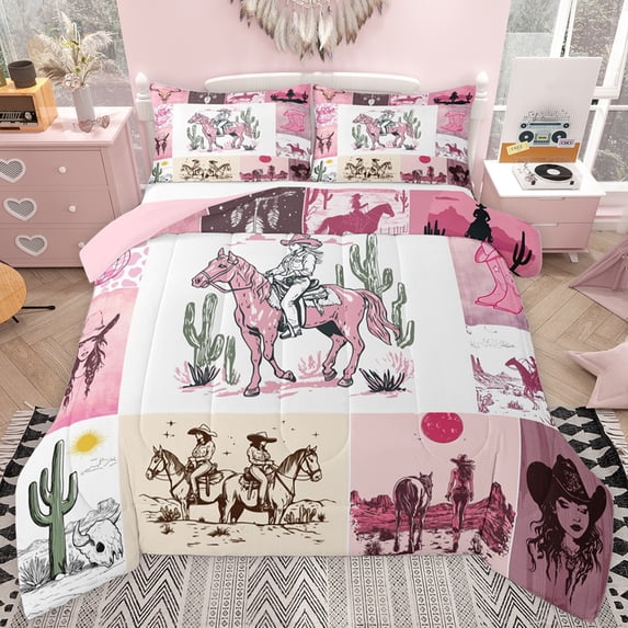 jejeloiu Western Cowgirl Full Size Comforter Sets,Farm Animal Horse Bedding Sets For Girls Kids Reversible 3 Pieces