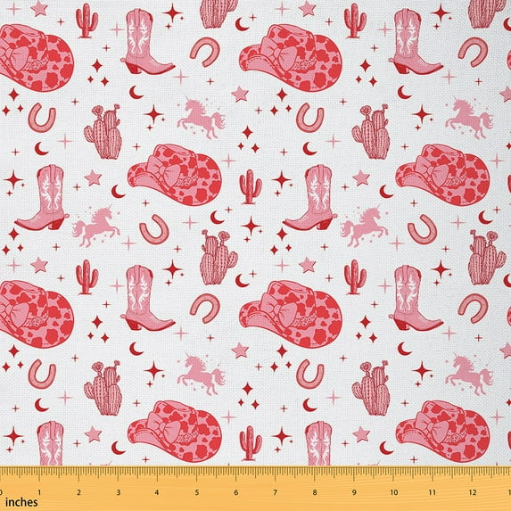 jejeloiu Western Cowgirl Hat Fabric by the Yard 1 Yard,Cartoon Animal Unicorn Home Decor Fabric by the Yard,Farm Horseshoe Cactus Sewing Fabric For Girl,Microfiber Bedroom Decor