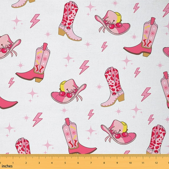 jejeloiu Western Cowgirl Hats Fabric by the Yard 5 Yards,Chic Farm Boots Fabric for Sewing,Pink Lightning Bowtie Home Decor Fabric by the Yard For Girl,Microfiber Bedroom Decor