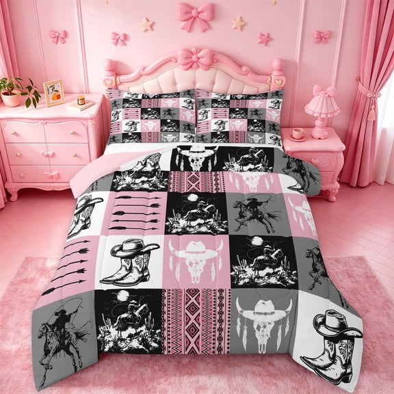 jejeloiu Western Cowgirl Queen Comforter Set Kids,Patchwork Geometric Plaid Print Bedding Comforter Set,Reversible,3pcs