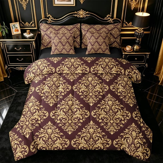 jejeloiu Western Damask 7-Piece King Bedding,Vintage Victorian Floral King Bed in a Bag For Adults,Burgundy Gold,Black Reversible