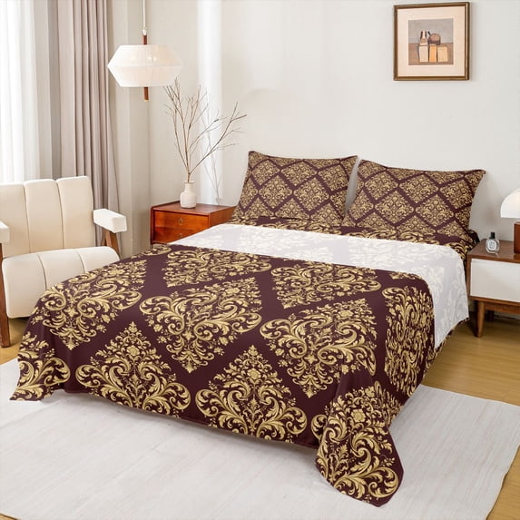 jejeloiu Western Damask Queen Sheets,Vintage Victorian Floral Queen Sheet Sets For Adults,Burgundy Gold,4-Piece,1 Flat Sheet, 1 Fitted Sheet and 2 Pillowcases