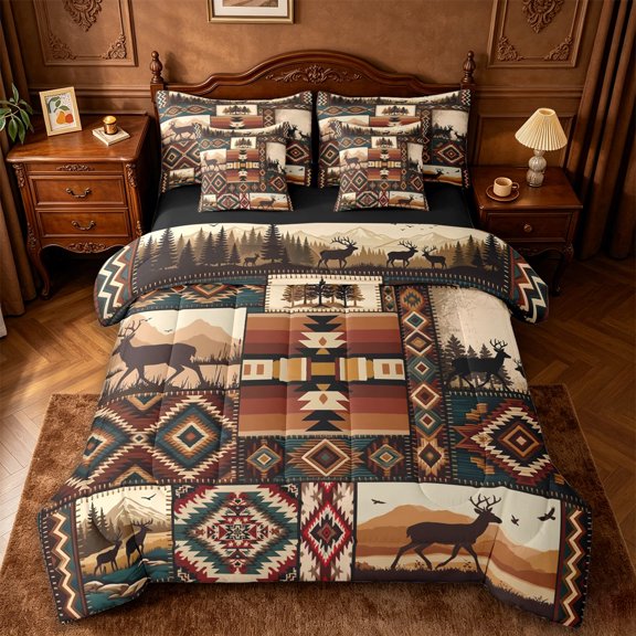 jejeloiu Western Deer 7-Piece Twin Bedding,Aztec Pattern Bedding Comforter Set For Boys,Earthy Multi,Black Reversible