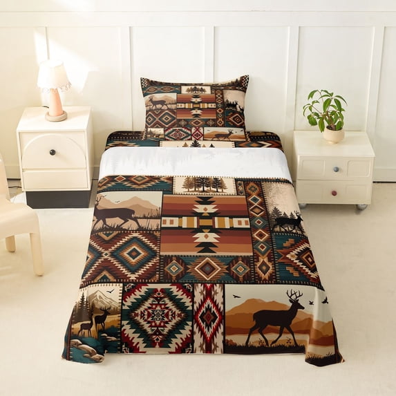 jejeloiu Western Deer Twin Sheets,Aztec Pattern Bedding For Boys,Earthy Multi,3 Pieces,1 Fitted Sheet and 1 Pillowcase