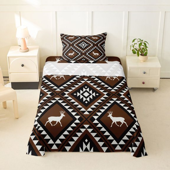 jejeloiu Western Deer Twin Sheets,Boho Pattern Bedding For Boys,Brown White,3-Piece,1 Fitted Sheet and 1 Pillowcase