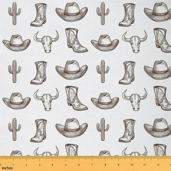 jejeloiu Western Fabric by the Yard 5 Yards, Cowboy Boots Hat Fabric for Sewing, White Brown Home Decor Fabric by the Yard, Cactus Print Bedroom Decor