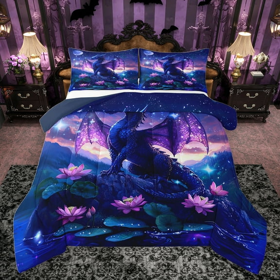 jejeloiu Western Fansty Theme Bedding Comforter Set,Magic Animal Dragon Twin Comforter Sets,Rustic Pink Lotus Lesf Bedding Set For Girls Boys,Ultra Soft Home Decor Reversible,2-Piece