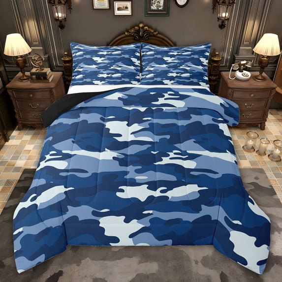 jejeloiu Western Farmhouse Camo Full Size Comforter Sets,Blue White Bedding Sets For Teens Reversible 3-Piece