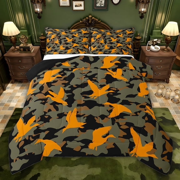 jejeloiu Western Farmhouse Camo Twin Comforter Sets,Orange Mallard Duck Bedding Set For Teens Reversible 2pcs