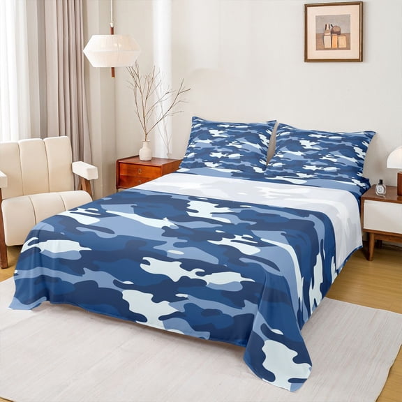jejeloiu Western Farmhouse Camo Twin Sheet Sets,Blue White Bedding For Teens 3pcs