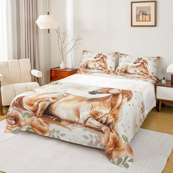 jejeloiu Western Farmhouse Horse Twin Sheet Sets,Kawaii Animals Bedding For Men Women 3-Piece