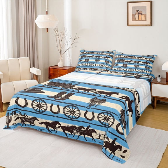 jejeloiu Western Horse Bed Sheets,Cowboy Print Full Size Sheets For Boys,Blue Beige,4 Pieces,1 Flat Sheet, 1 Fitted Sheet and 2 Pillowcases