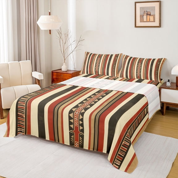 jejeloiu Western Striped Queen Sheets For Men Women,Rustic Aztec Print Queen Sheet Sets,Red Brown Beige,4-Piece,1 Flat Sheet, 1 Fitted Sheet and 2 Pillowcases