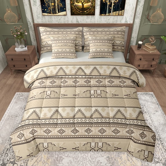 jejeloiu Western Tribal 7-Piece Bedding Comforter Set,Retro Aztec Geometric King Bedding Sets,Brown Beige Bed Sheets For Adult,Microfiber Bedroom Decor Reversible
