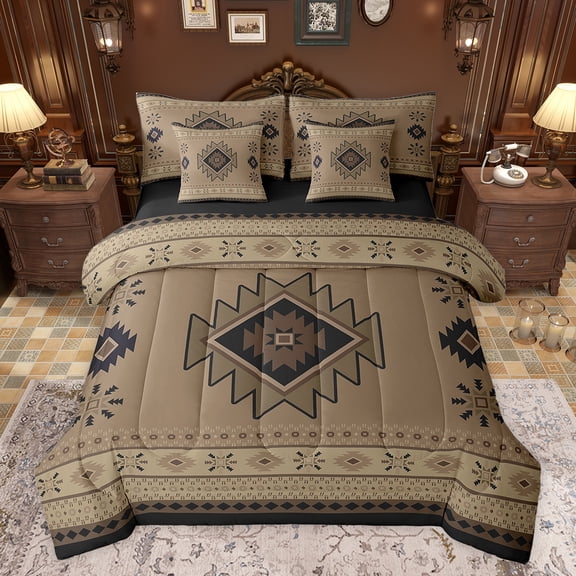 jejeloiu Western Tribal 7-Piece Bedding Comforter Set,Retro Aztec Geometric King Bedding Sets,Brown Black Bed Sheets For Adult,Microfiber Bedroom Decor Reversible