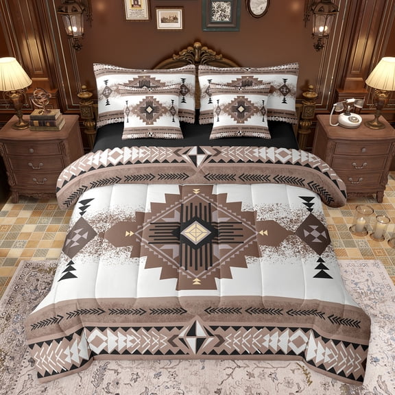 jejeloiu Western Tribal 7-Piece Bedding Comforter Set,Retro Aztec Geometric King Bedding Sets,Brown White Bed Sheets For Adult,Microfiber Bedroom Decor Reversible