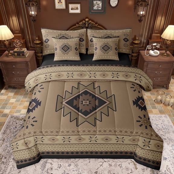 jejeloiu Western Tribal 7pcs Bedding Comforter Set,Retro Aztec Geometric Queen Bedding Sets,Brown Black Queen Sheet Sets For Adult,Microfiber Bedroom Decor Reversible