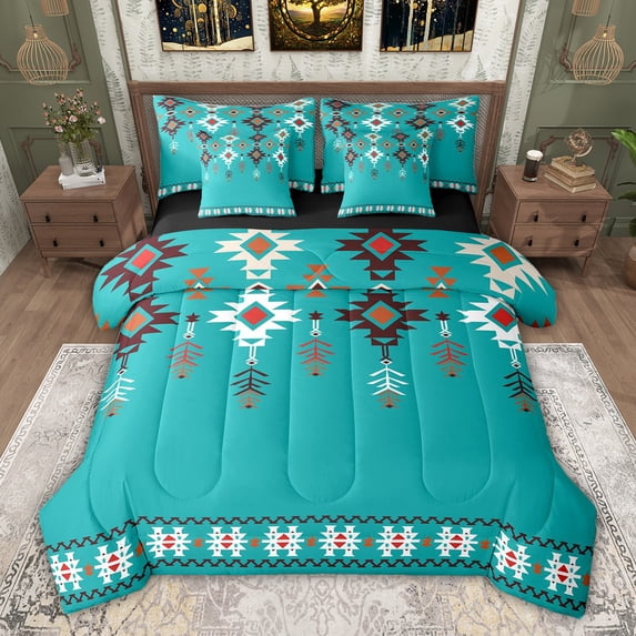 jejeloiu Western Tribal Aztec 7pcs Bedding Comforter Set,Cyan Geometric Rhombus Queen Bedding Sets For Men Women Reversible