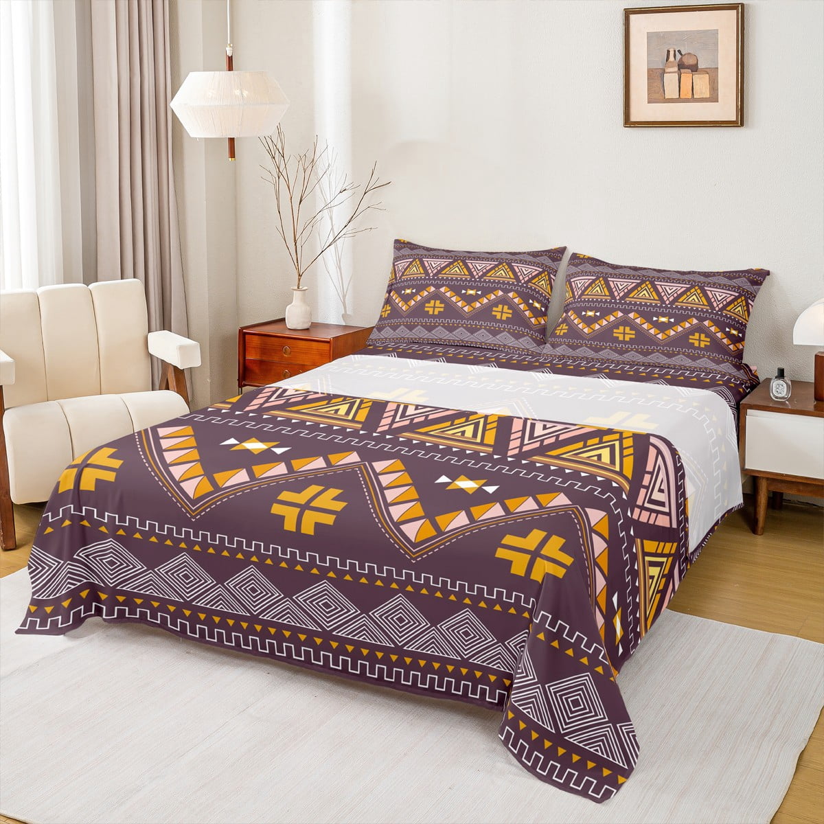 jejeloiu Western Tribal Aztec Queen Sheet Sets,Rustic Triangle Rhombus ...