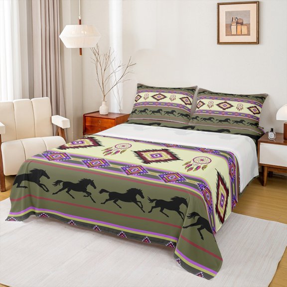 jejeloiu Western Tribal Bed Sheets,Retro Aztec Geometric King Sheets,Purple Green Pink Sheet Set For Adult,Microfiber Bedroom Decor,4pcs