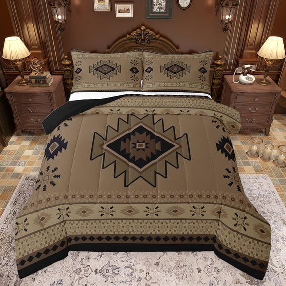 jejeloiu Western Tribal Bedding Comforter Set,Retro Aztec Geometric Twin Comforter Sets,Brown Black Bedding Set For Adult,Microfiber Bedroom Decor Reversible,2pcs