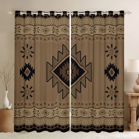 jejeloiu Western Tribal Blackout Curtains Set of 2 (52x84 Each),Retro Aztec Geometric Window Curtains,Brown Black Curtains and Drapes For Adult,Microfiber Bedroom Decor