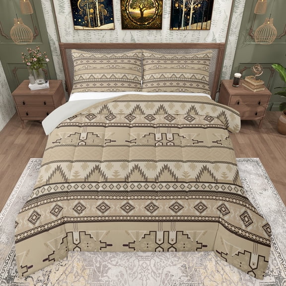 jejeloiu Western Tribal Queen Comforter Set,Retro Aztec Geometric Bedding Sets,Brown Beige Bedding Comforter Set For Adult,Microfiber Bedroom Decor Reversible,3-Piece