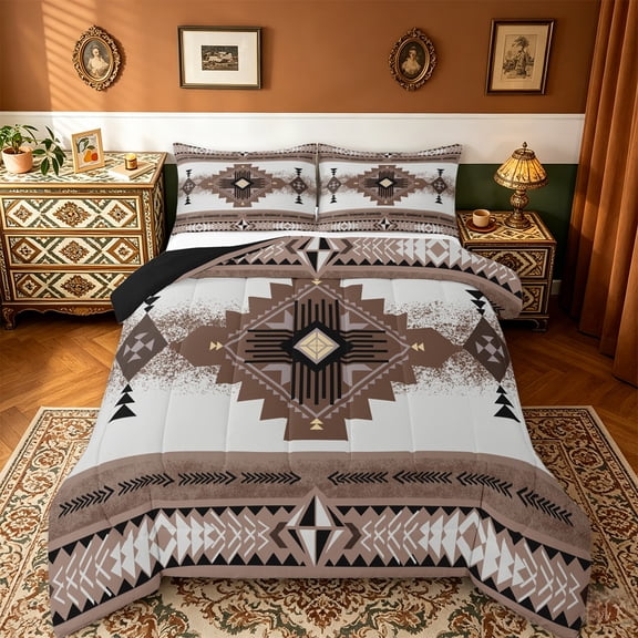 jejeloiu Western Tribal Queen Comforter Set,Retro Aztec Geometric Bedding Sets,Brown White Bedding Comforter Set For Adult,Microfiber Bedroom Decor Reversible,3-Piece