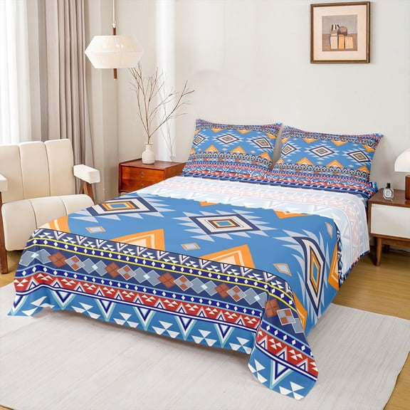 jejeloiu Western Tribal Twin Sheet Sets,Retro Aztec Geometric Twin Fitted Sheet,Blue Orange Flat Sheet For Adult,Microfiber Bedroom Decor,3pcs