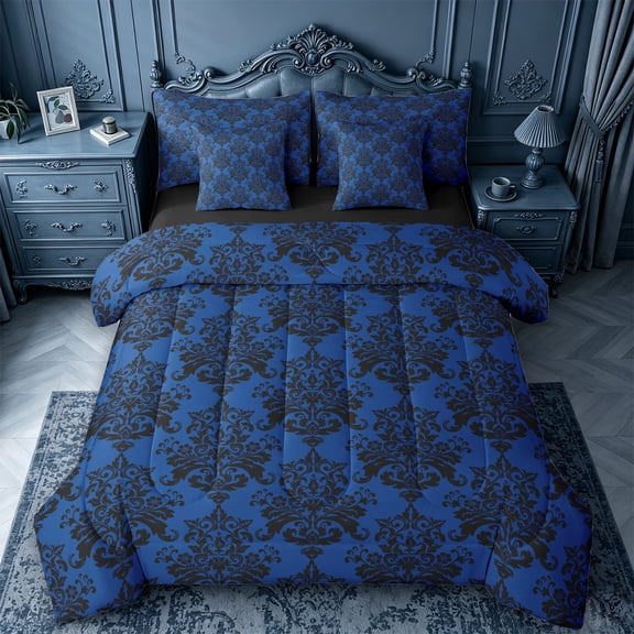 jejeloiu Western Vintage Damask 7-Piece King Bedding,Baroque Flowers Pattern King Bed in a Bag For Adults,Black Navy Blue,Black Reversible