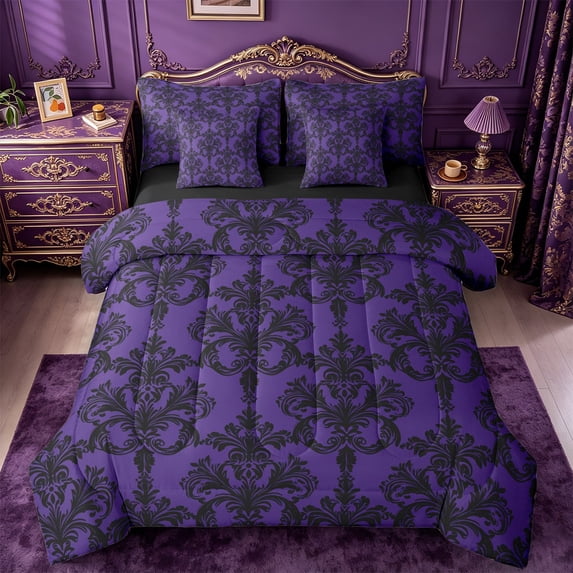 jejeloiu Western Vintage Damask 7-Piece King Bedding,Royal Pattern King Bed in a Bag For Adults,Purple Black,Black Reversible