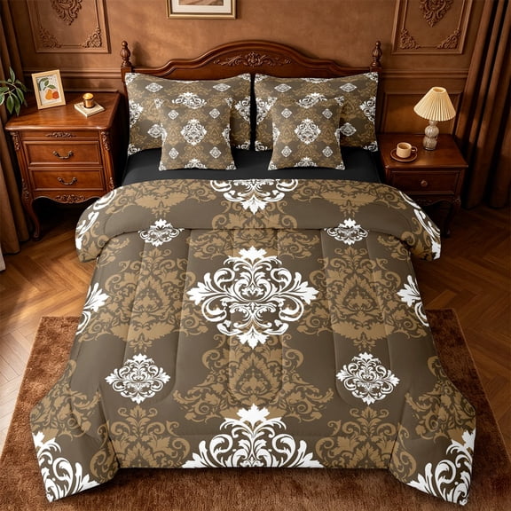 jejeloiu Western Vintage Damask 7 Pieces Full Size Bedding Sets For Girls,Traditional Print Full Size Bed in a Bag,Brown White,Black Reversible