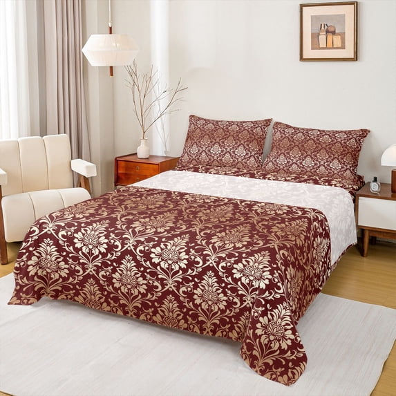 jejeloiu Western Vintage Damask King Sheets,Retro Print Bedding For Adults,Burgundy Gold,4pcs,1 Flat Sheet, 1 Fitted Sheet and 2 Pillowcases